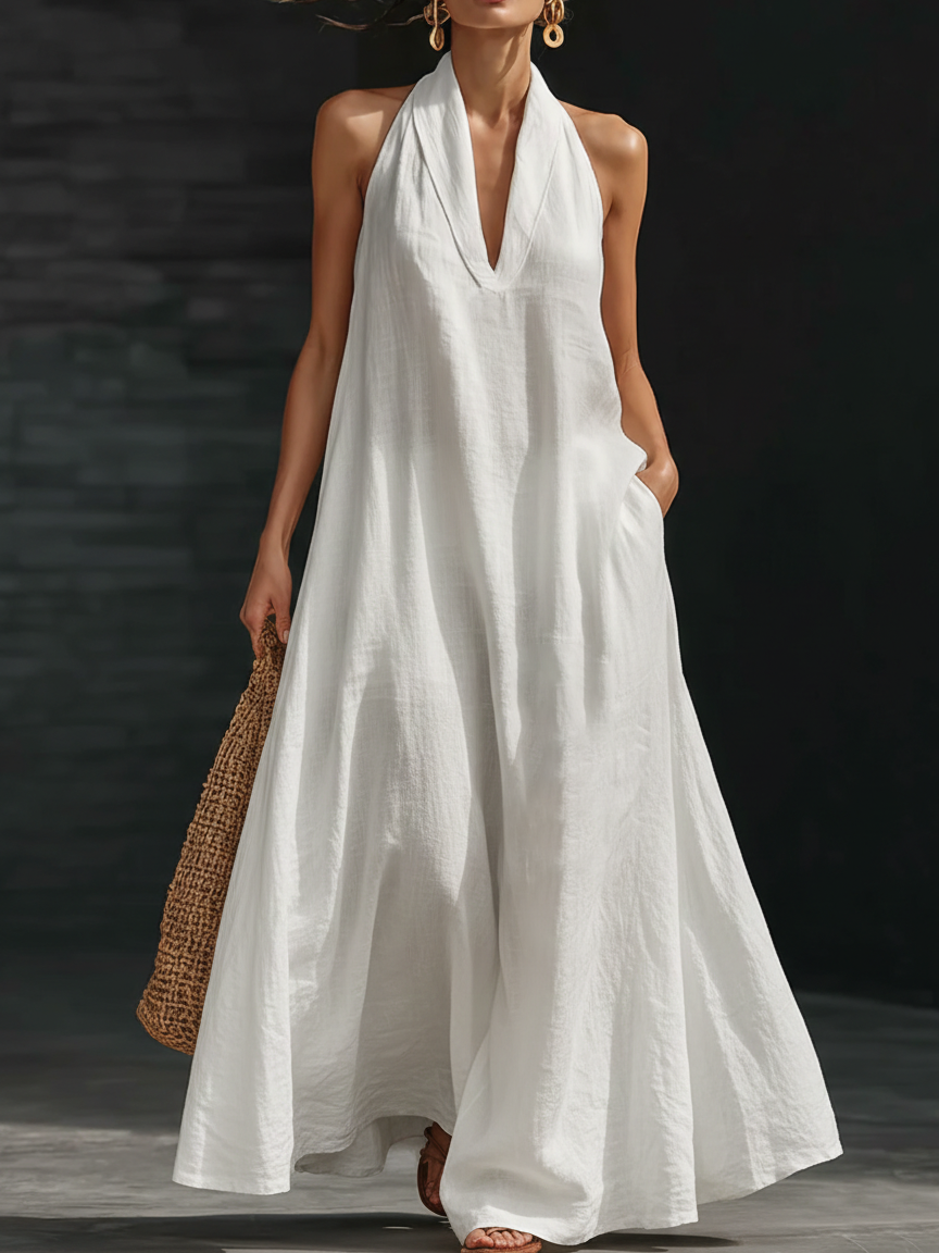 Halter Deep V-Neck Sleeveless Flowy Maxi Dress
