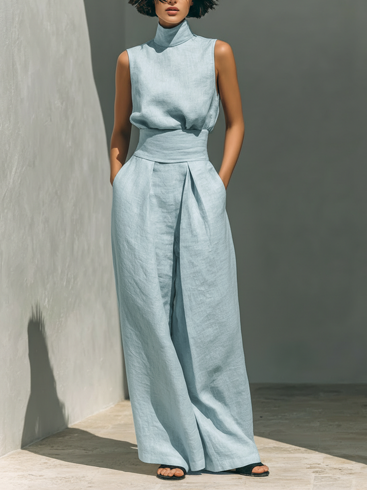 Sleeveless Mock Neck Top and Wide Leg Pants Two Piece Set