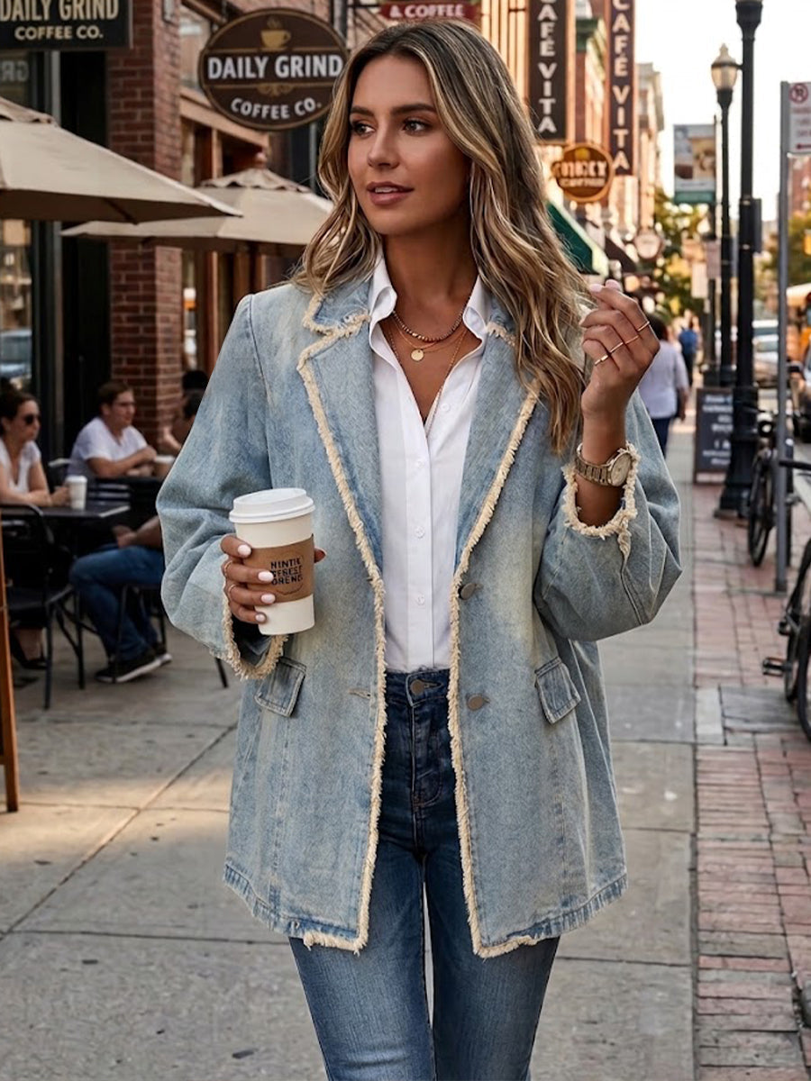 Frayed Raw Edge Single Breasted Denim Blazer