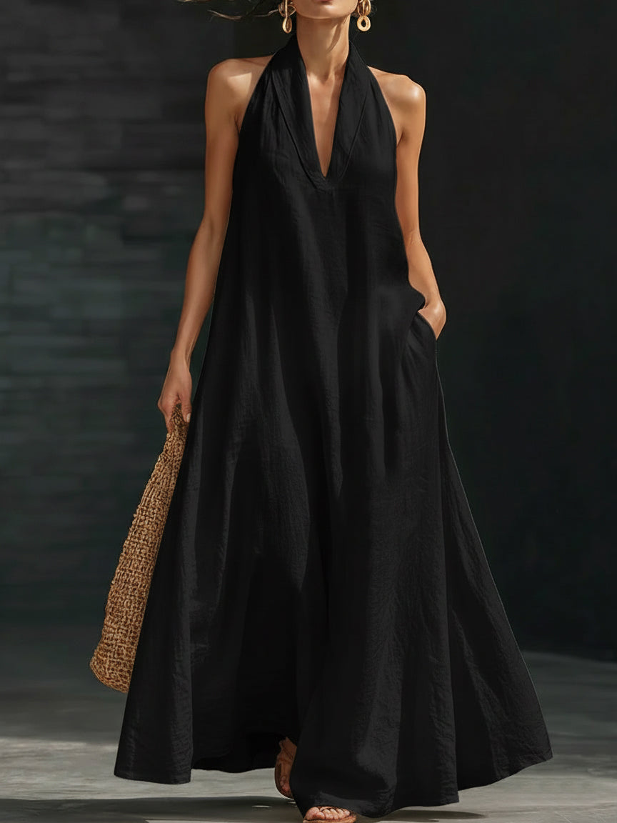 Halter Deep V-Neck Sleeveless Flowy Maxi Dress