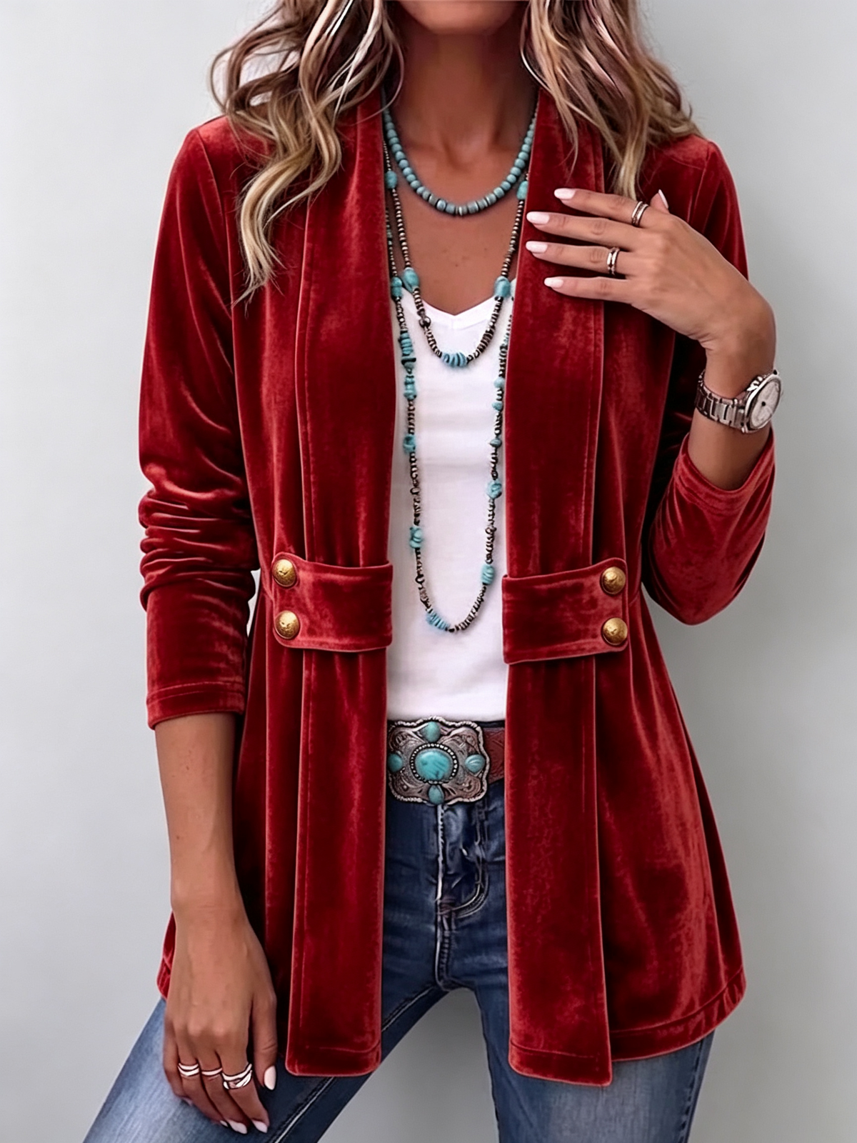 Open Front Flap Pocket Button Velvet Jacket