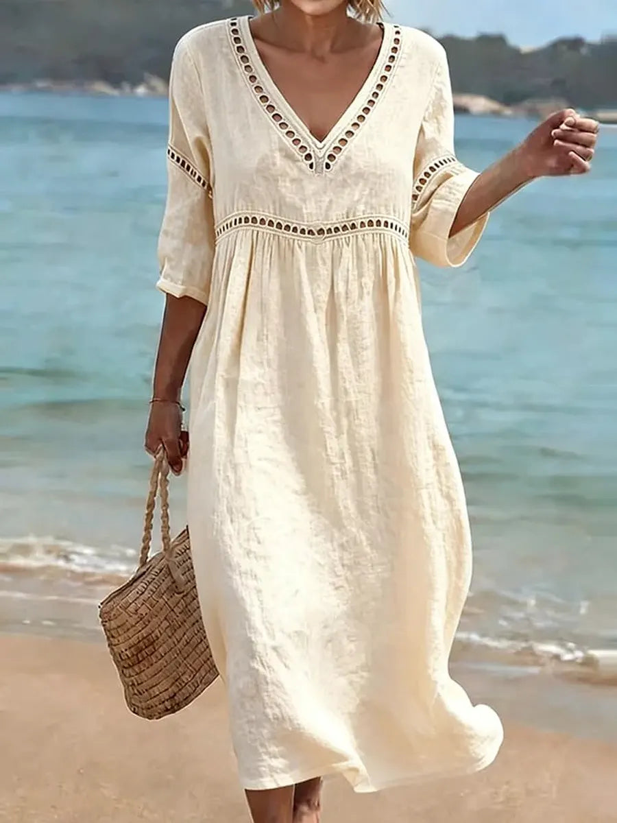 Lace Trim V-Neck Midi Dress Summer