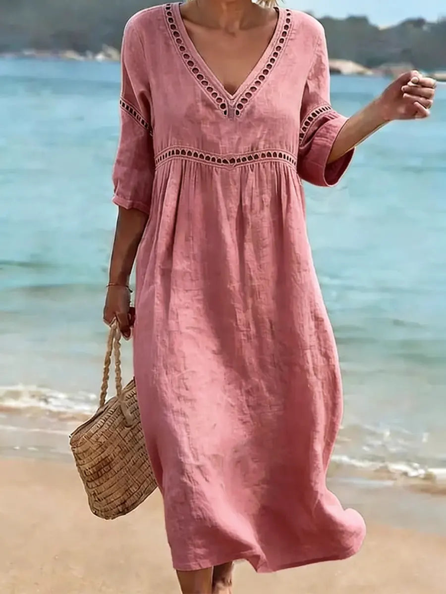 Lace Trim V-Neck Midi Dress Summer 4