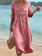 Lace Trim V-Neck Midi Dress Summer 4