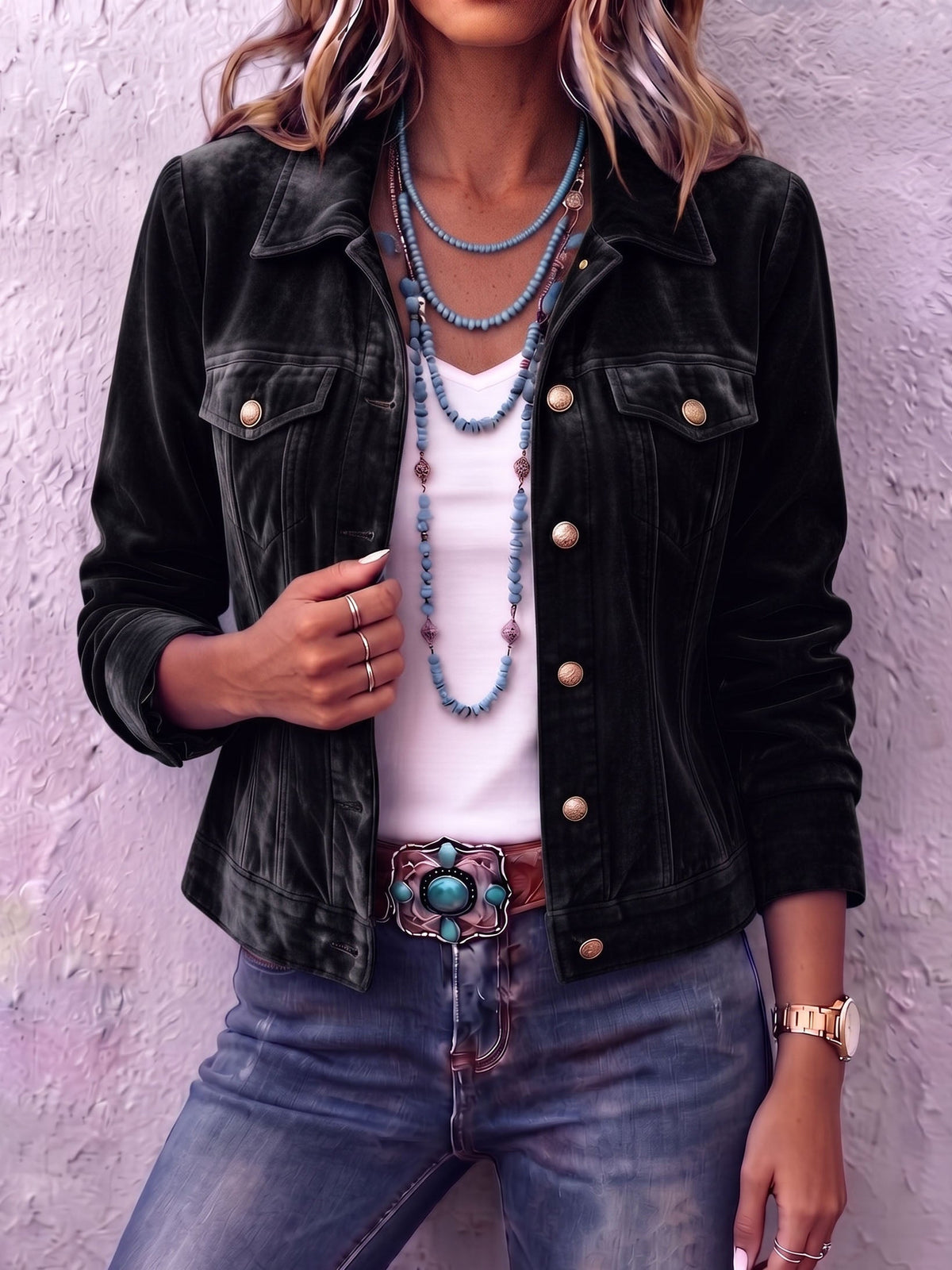 Collared Button Front Chest Pocket Velvet Trucker Jacket