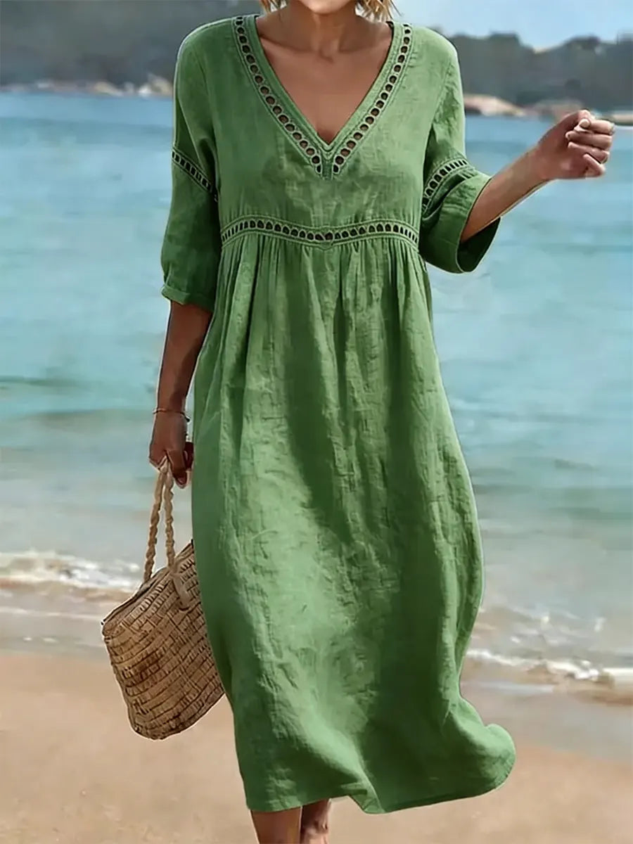 Lace Trim V-Neck Midi Dress Summer 3