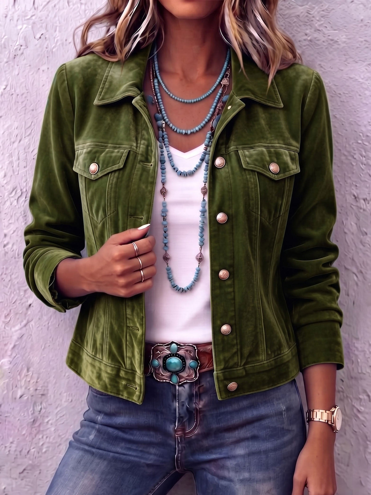 Collared Button Front Chest Pocket Velvet Trucker Jacket