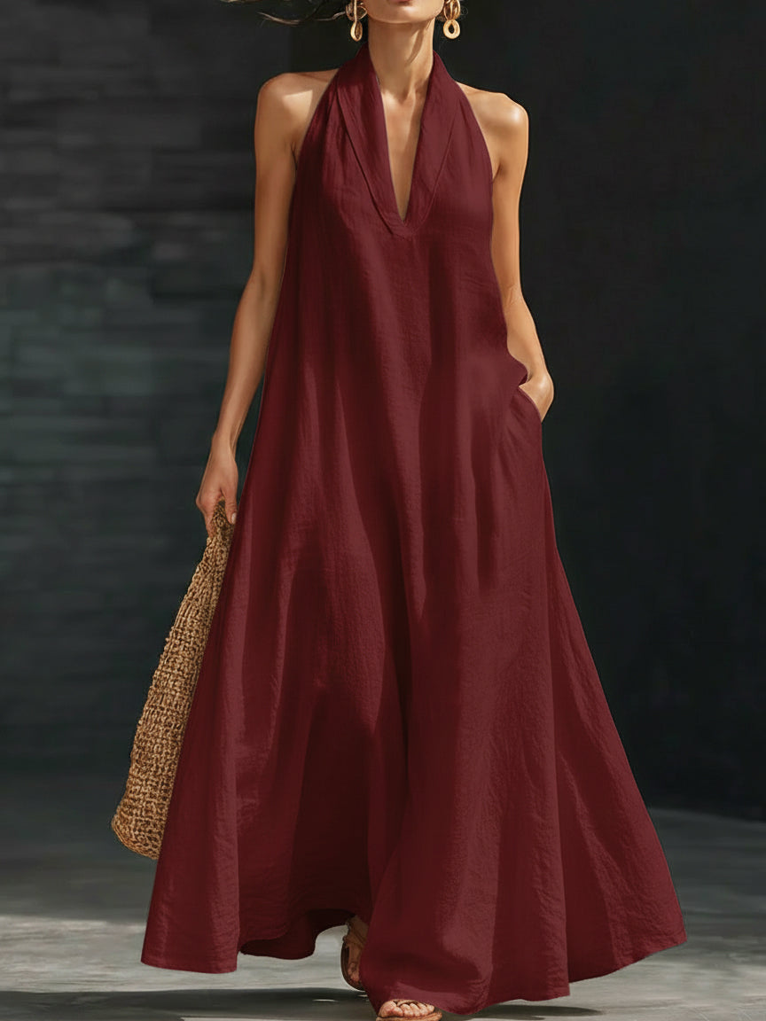 Halter Deep V-Neck Sleeveless Flowy Maxi Dress