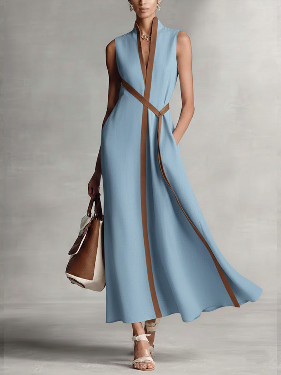 Contrast Trim V-Neck Sleeveless Maxi Dress