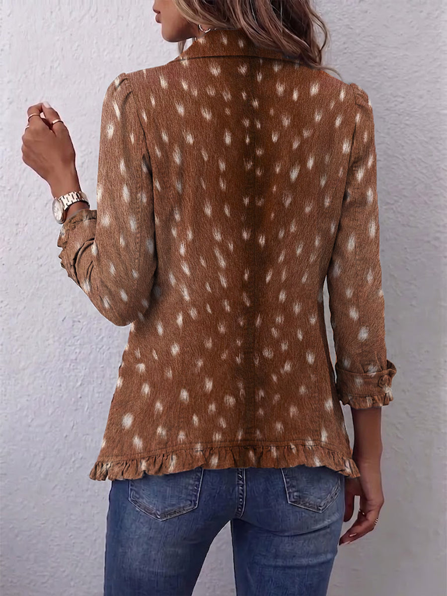 Animal Print Double Breasted Ruffle Trim Jacket