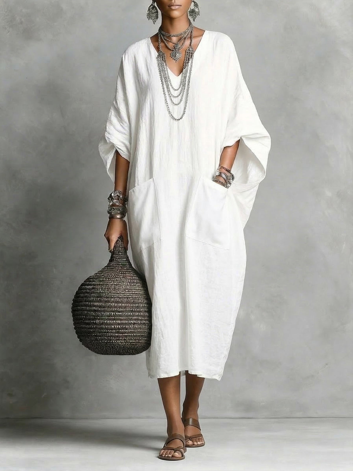 V-Neck Short Sleeve Kaftan Maxi Dress