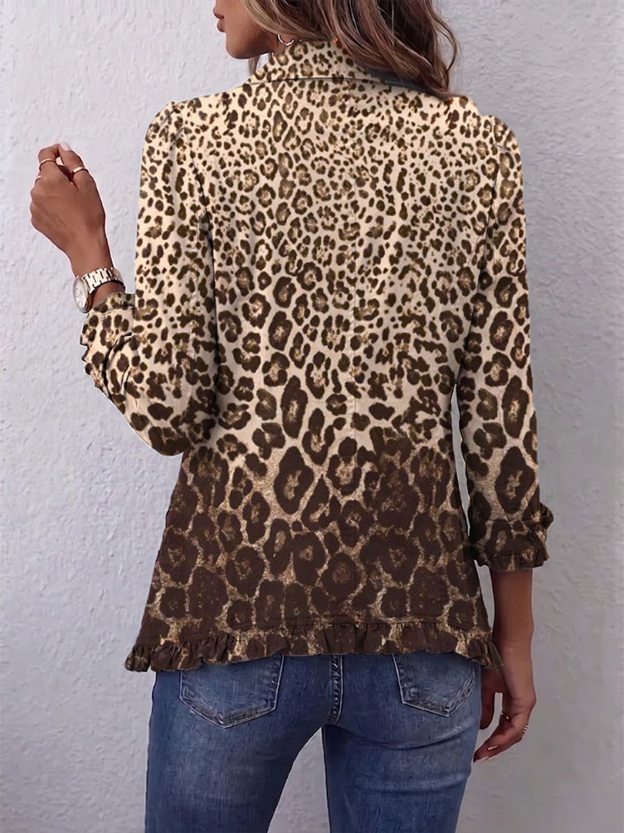 Leopard Print Button Front Ruffle Hem Shacket