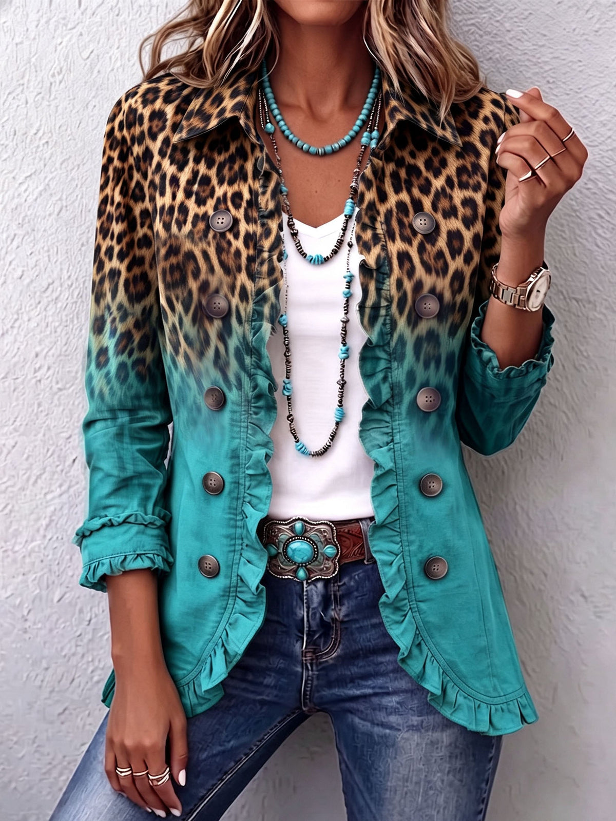 Leopard Print Ombre Ruffle Trim Button Front Jacket