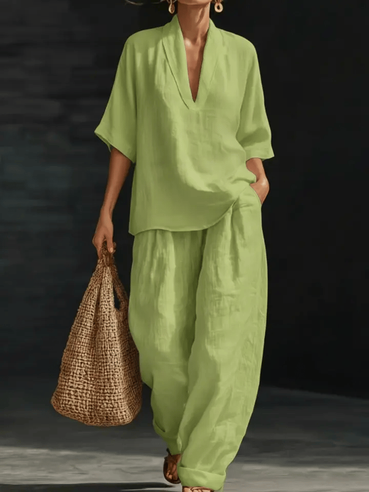 Deep V-Neck Short Sleeve Top and Wide Leg Pants Two Piece Set