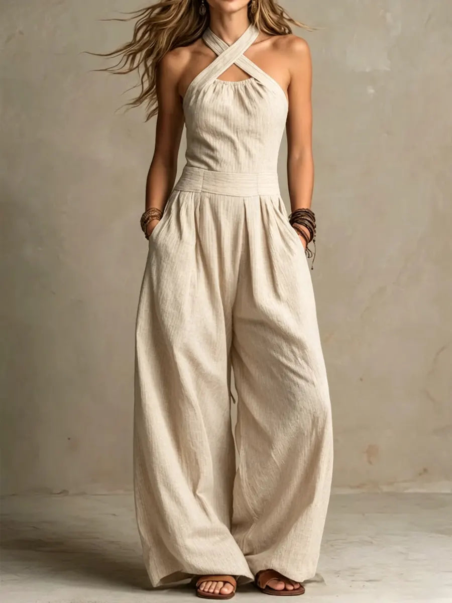 Cross Halter Neck Cut Out Wide Leg Jumpsuit