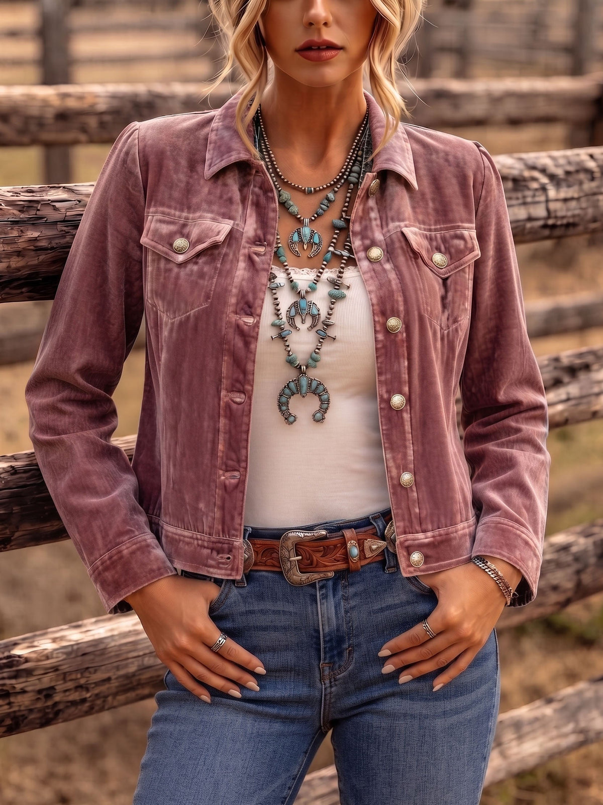 Collared Button Front Chest Pocket Velvet Trucker Jacket