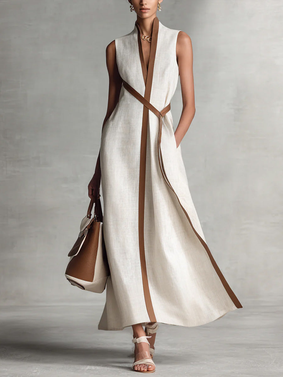 Contrast Trim V-Neck Sleeveless Maxi Dress