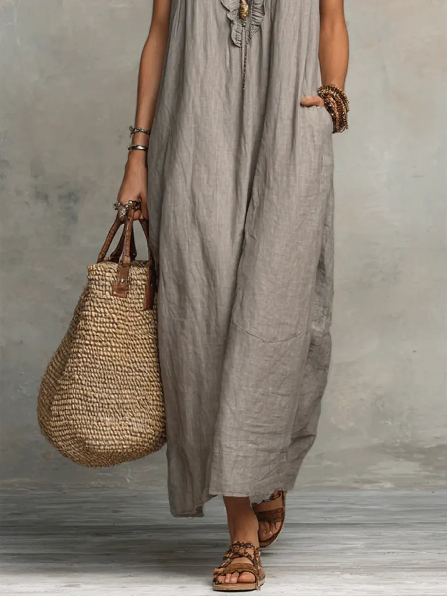 Ruffle V-Neck Sleeveless Pocket Linen Maxi Dress