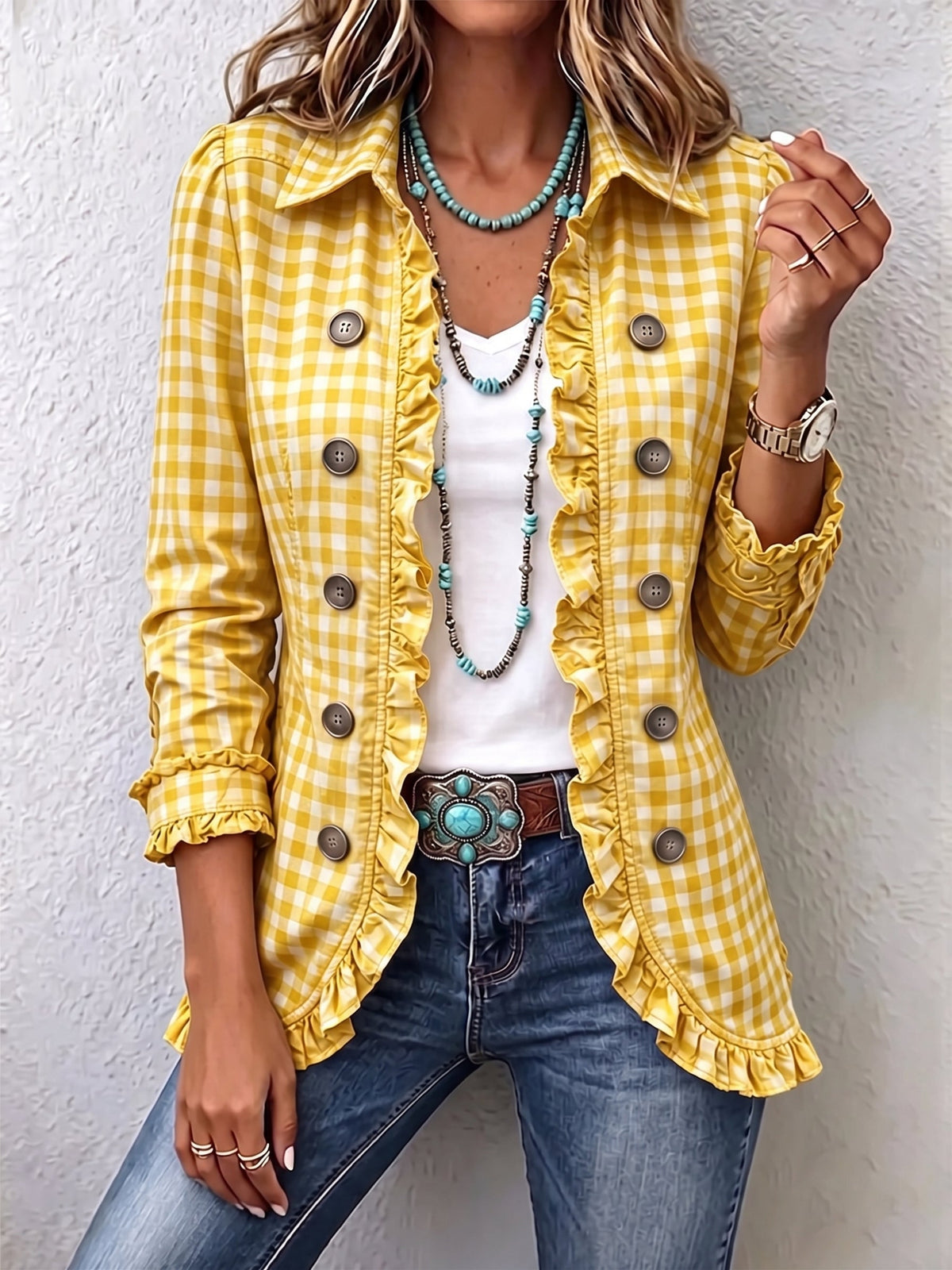 Gingham Ruffle Trim Button Front Shirt Jacket