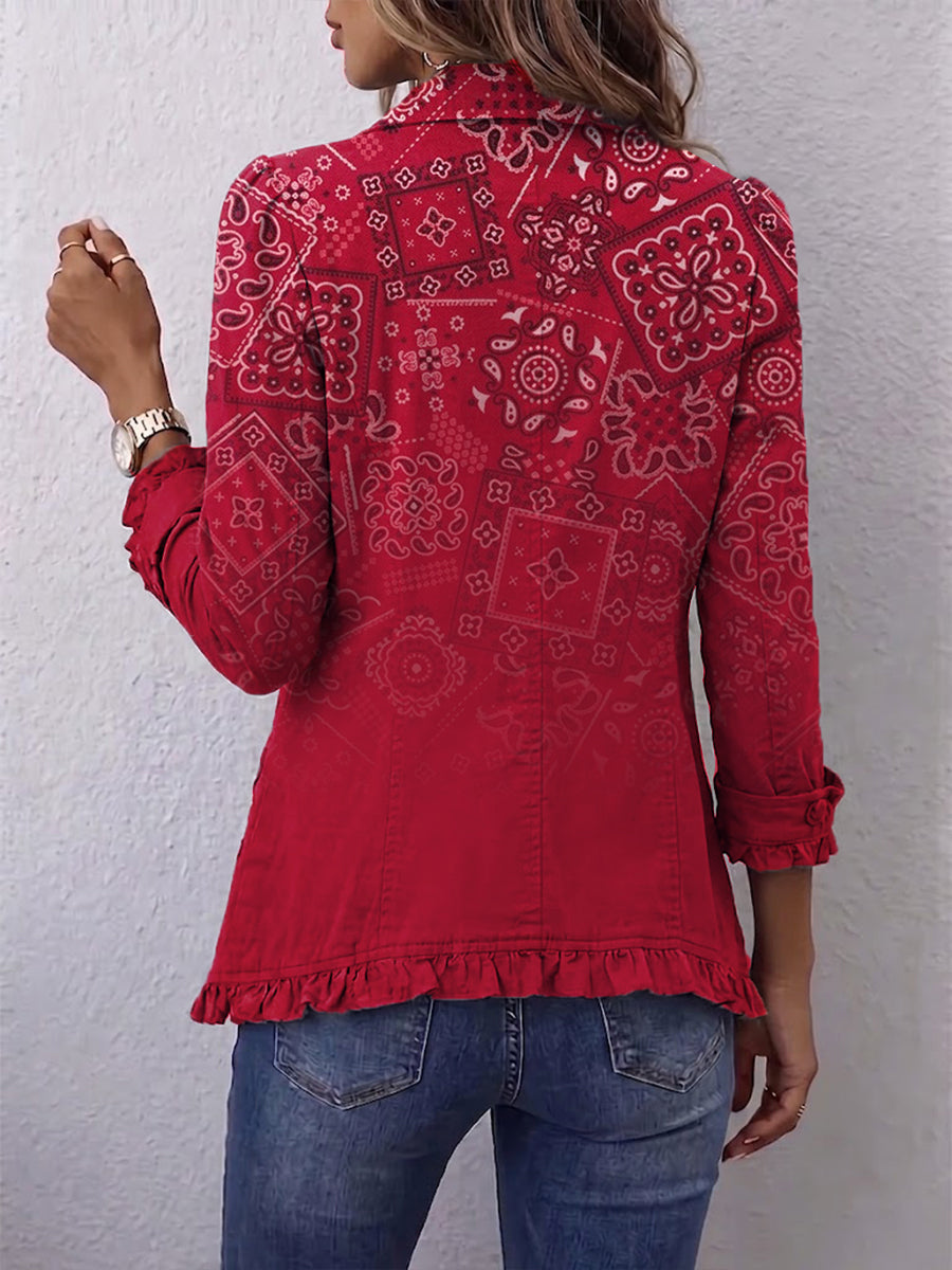 Paisley Bandana Print Ruffle Trim Button Front Jacket
