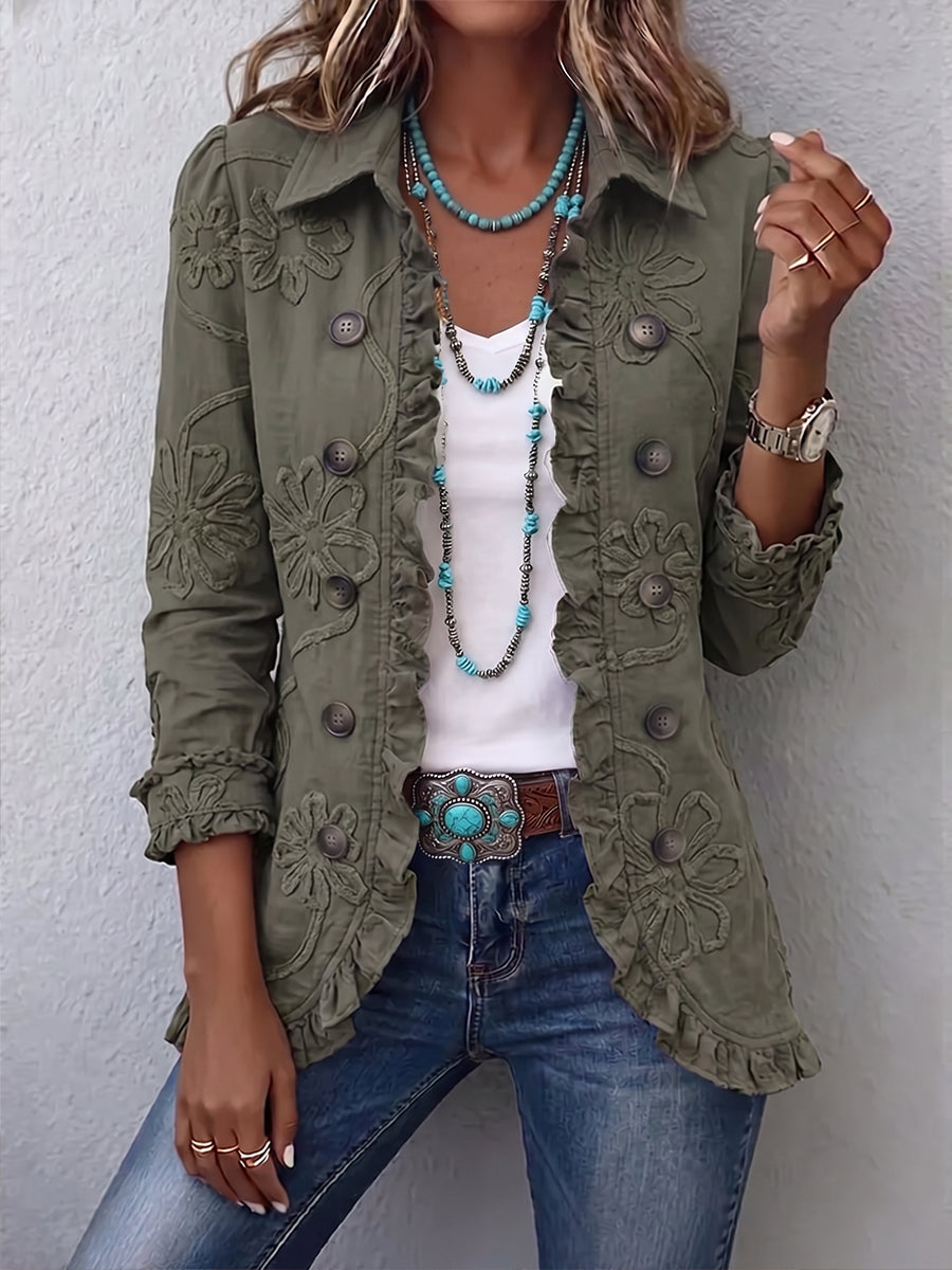 Floral Textured Ruffle Trim Button Front Shacket