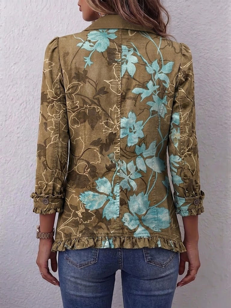 Floral Print Ruffle Trim Button Front Shirt Jacket
