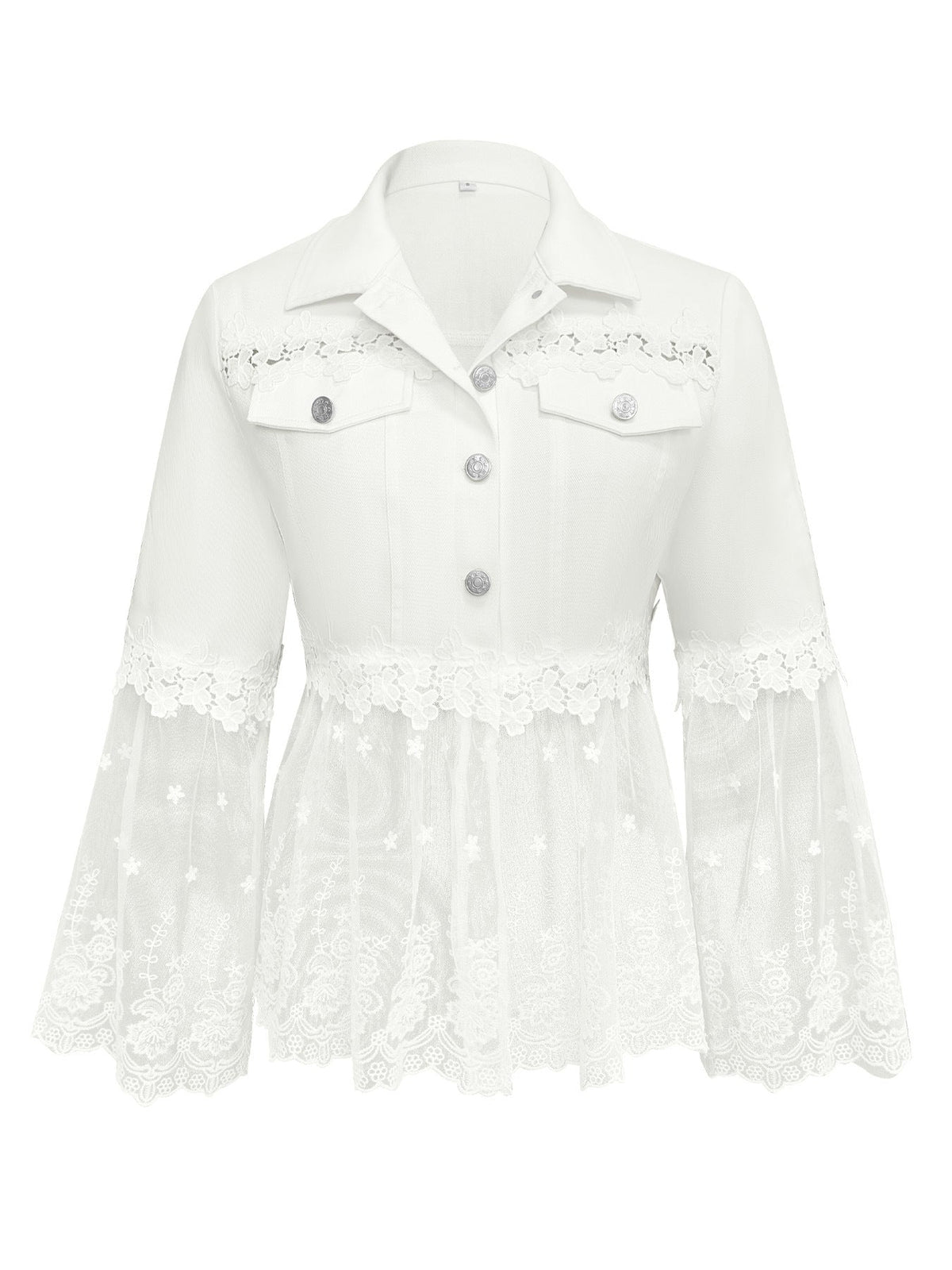 Lace Panel Mesh Hem Button Front Denim Jacket