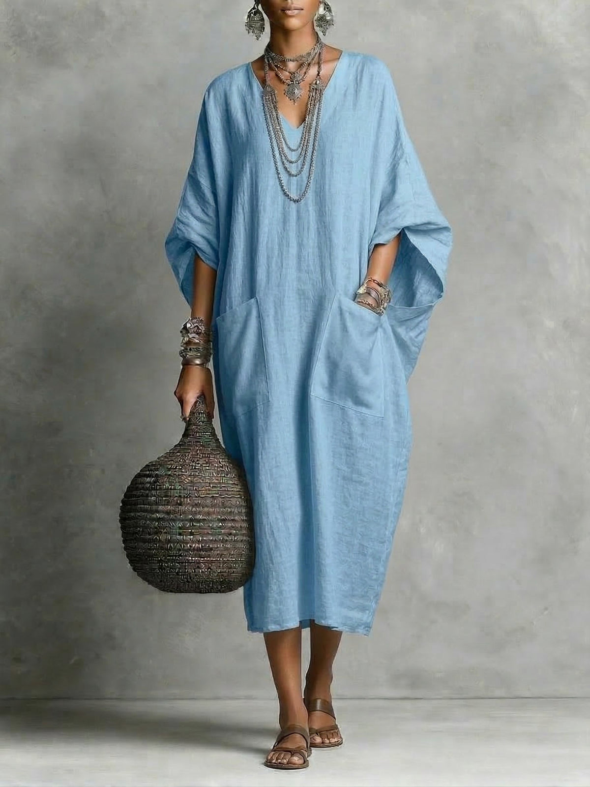 V-Neck Short Sleeve Kaftan Maxi Dress