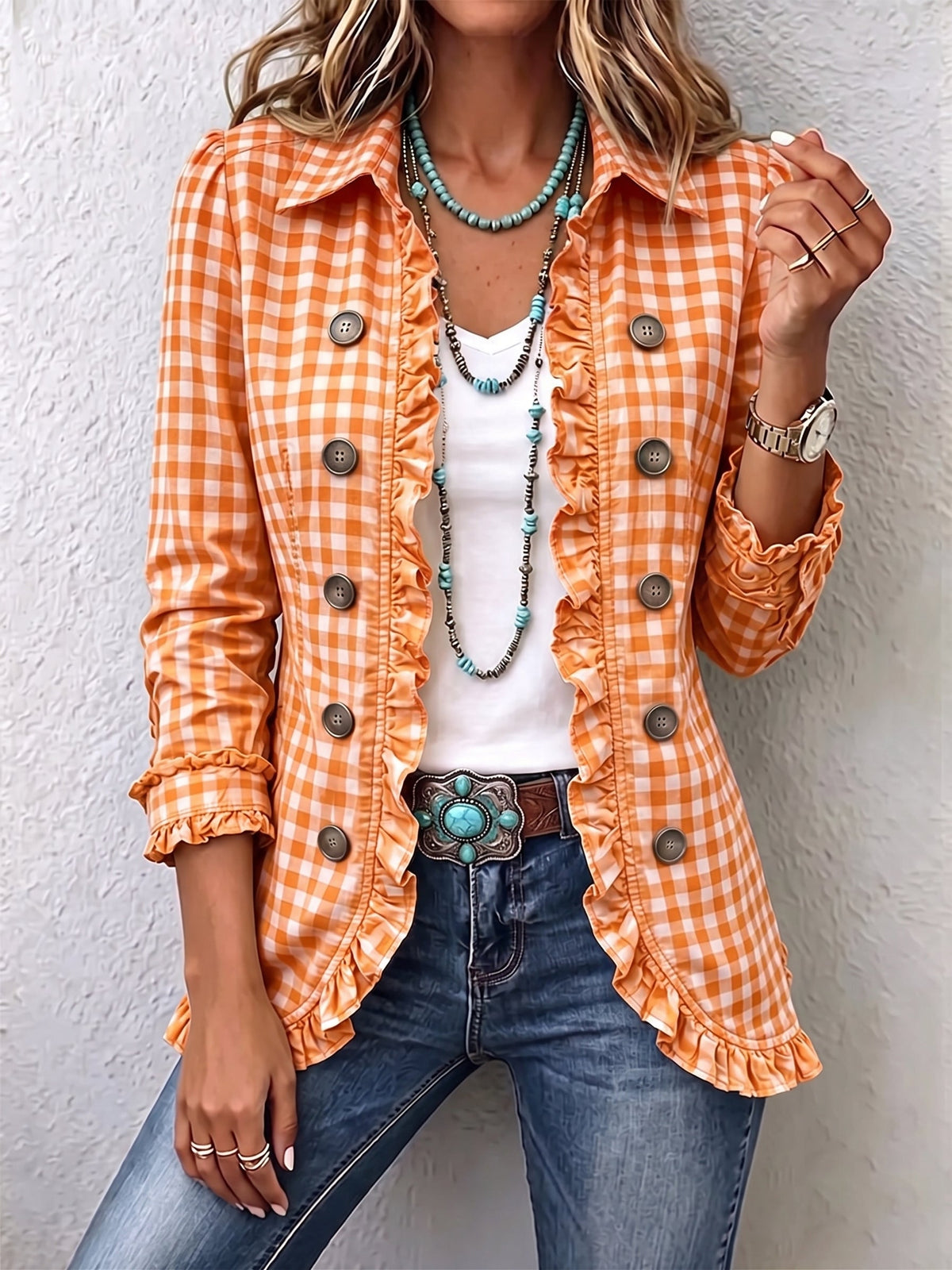 Gingham Ruffle Trim Button Front Shirt Jacket