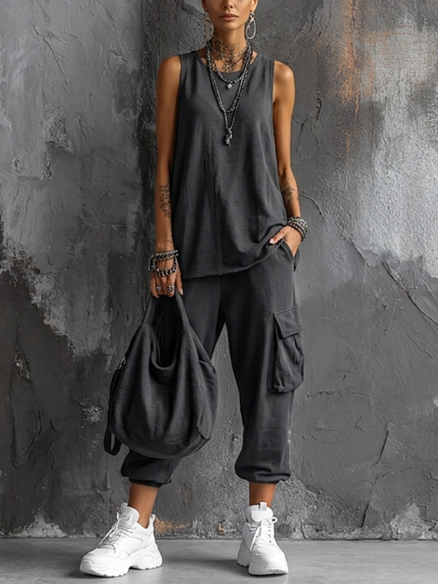 Sleeveless Tank Top and Cargo Jogger Pants Two Piece Set