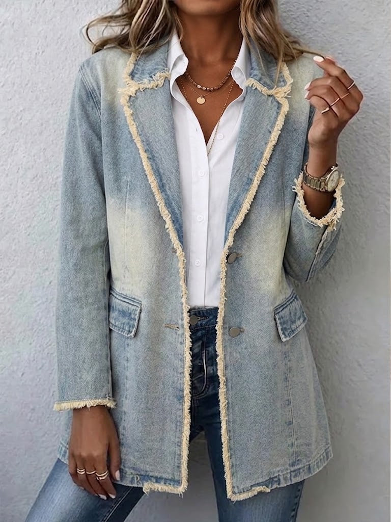 Frayed Raw Edge Single Breasted Denim Blazer