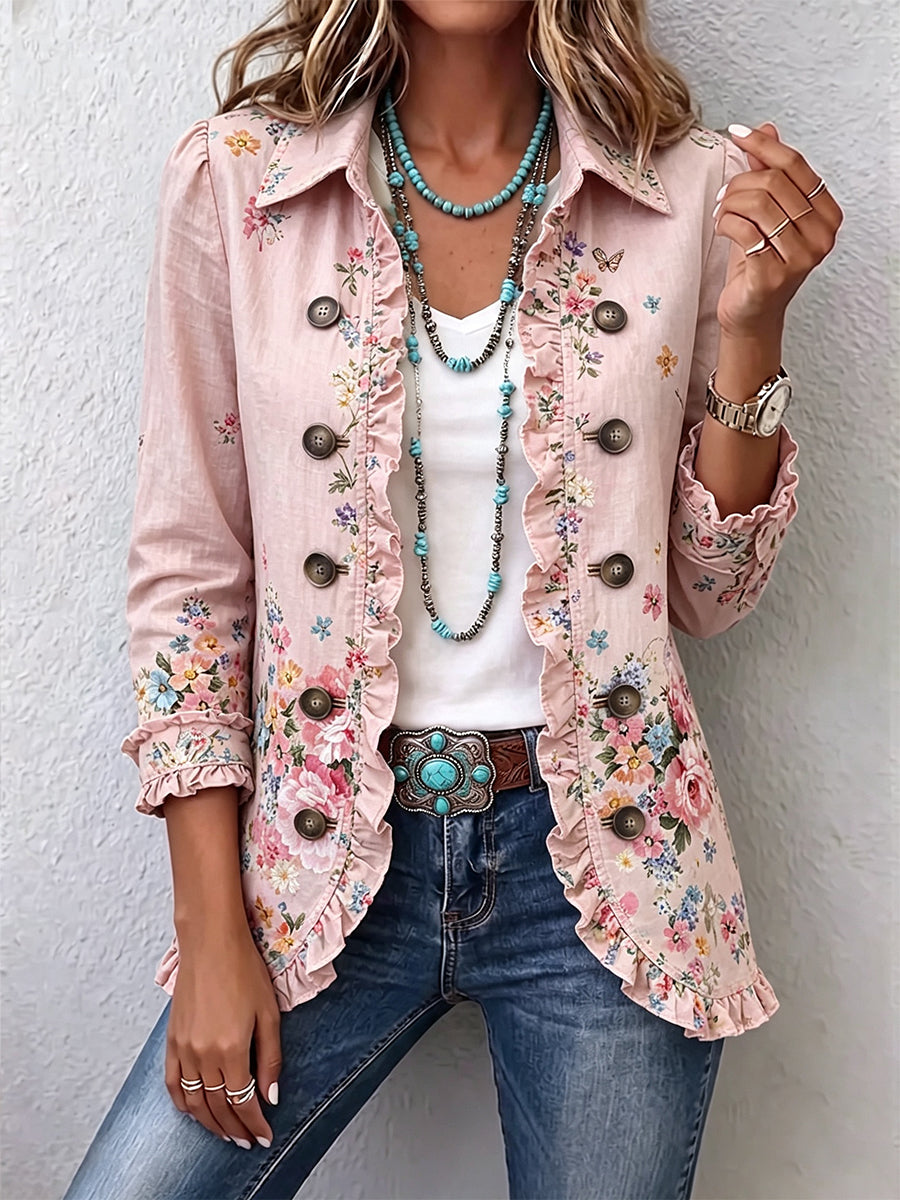 Floral Print Ruffle Trim Button Front Jacket