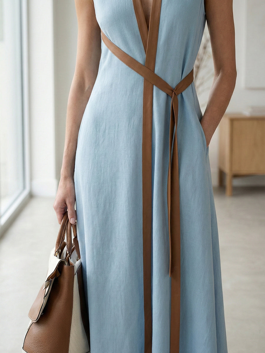 Deep V-Neck Sleeveless Contrast Trim Maxi Dress 3