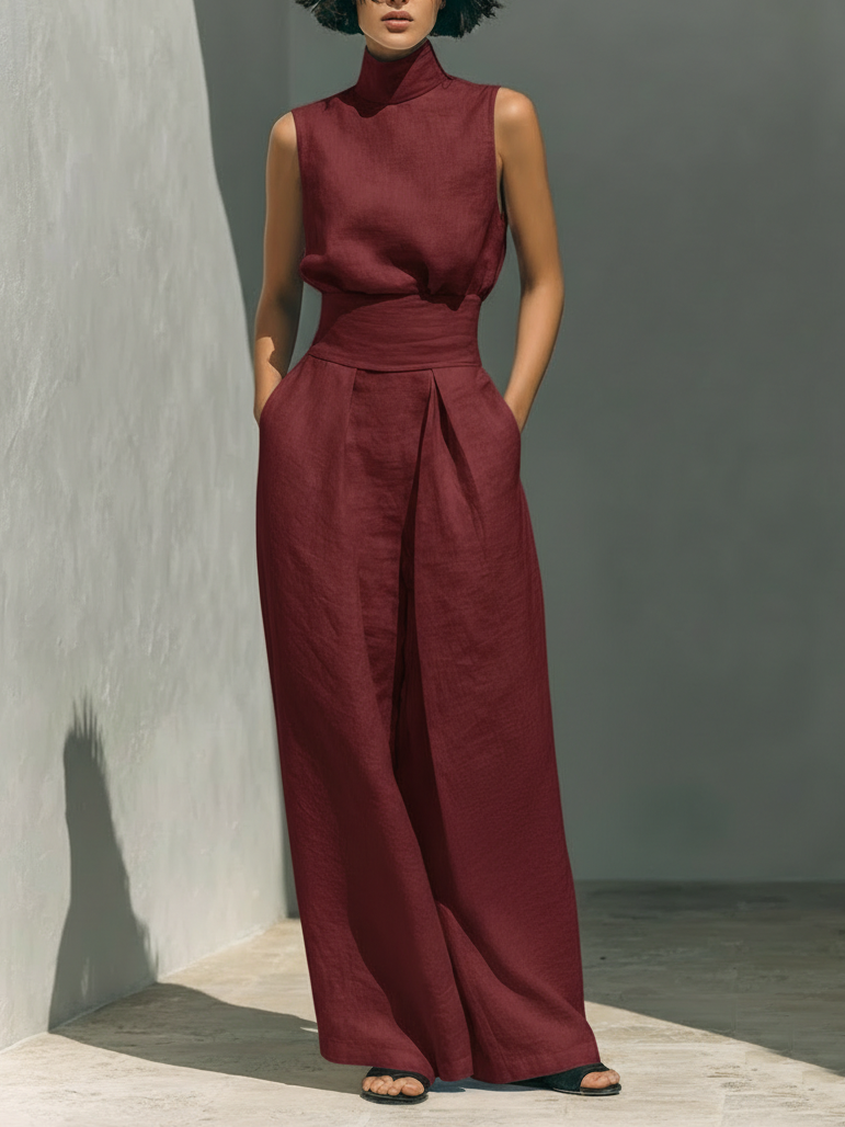 Sleeveless Mock Neck Top and Wide Leg Pants Two Piece Set