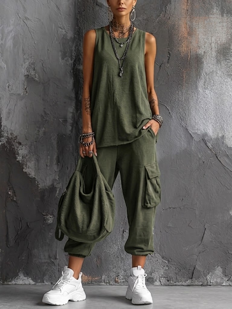 Sleeveless Tank and Cargo Jogger Pants Two Piece Set