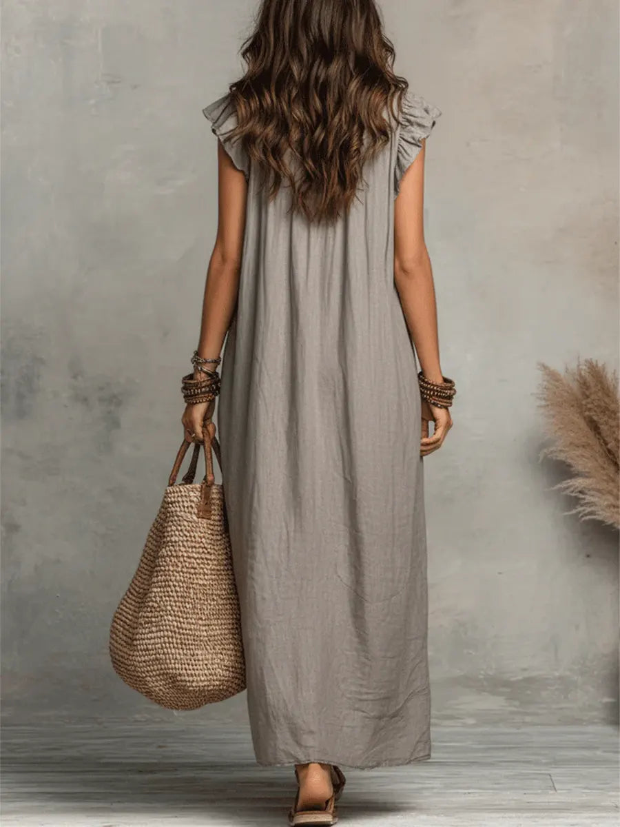 Ruffle V-Neck Sleeveless Pocket Linen Maxi Dress