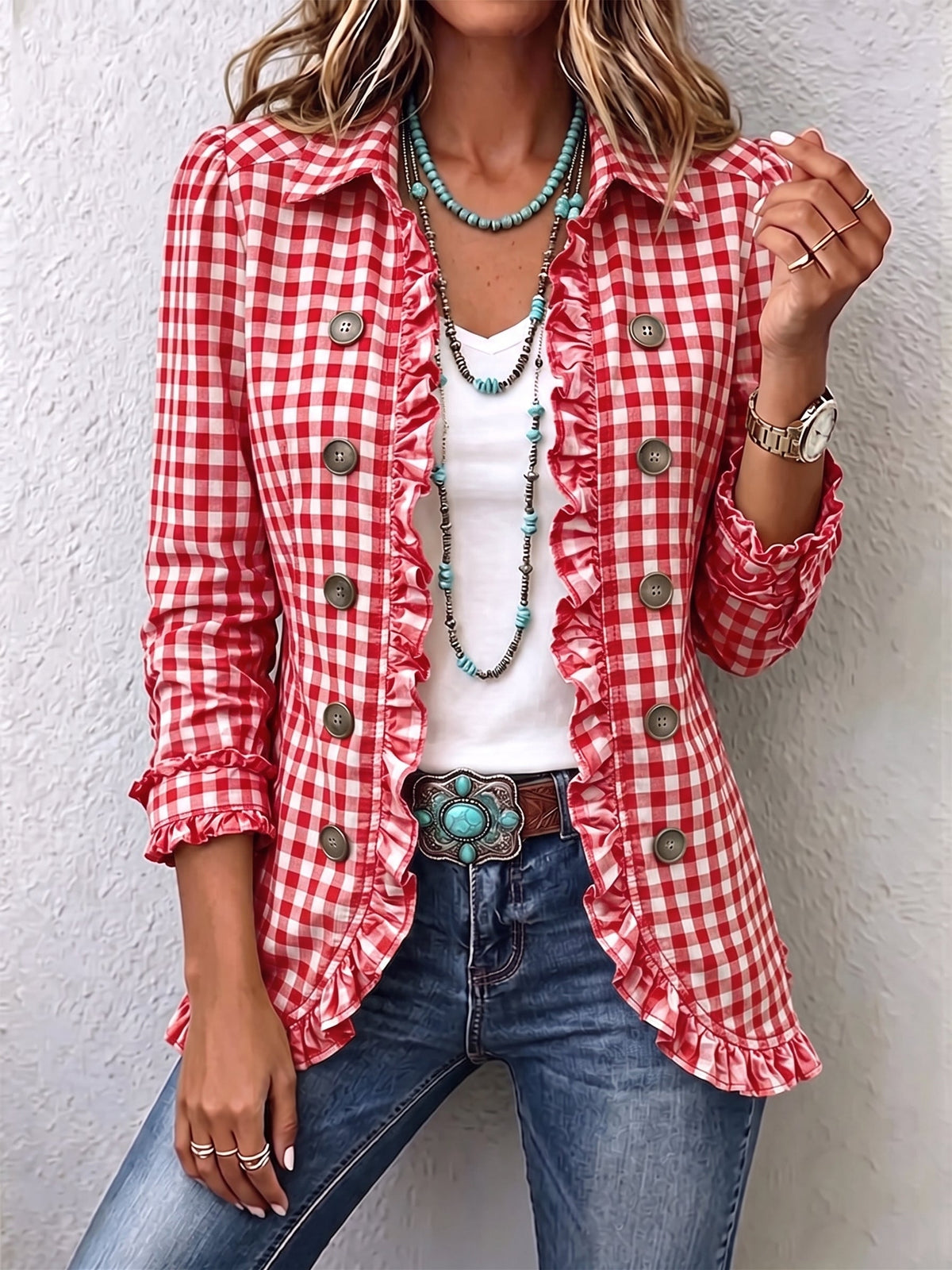 Gingham Ruffle Trim Button Front Shirt Jacket