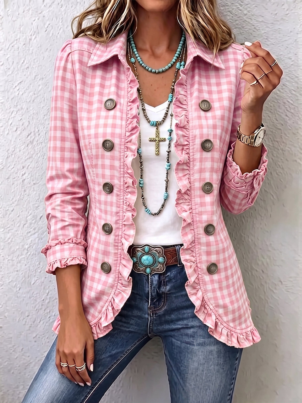 Gingham Ruffle Trim Button Front Shirt Jacket