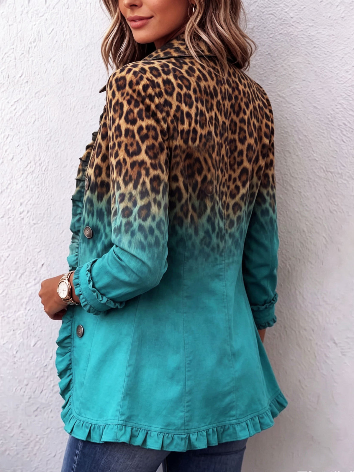 Leopard Print Ombre Ruffle Trim Button Front Jacket