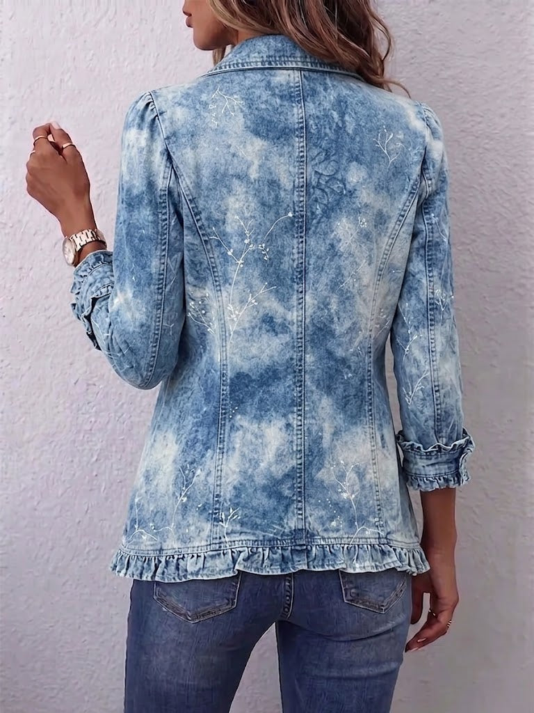 Floral Ruffle Trim Button Front Denim Look Jacket