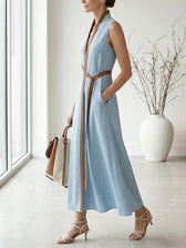 Deep V-Neck Sleeveless Contrast Trim Maxi Dress 2