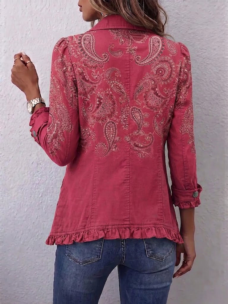 Paisley Print Ruffle Trim Button Front Shirt Jacket