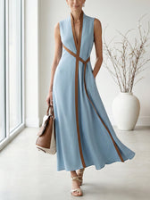 Deep V-Neck Sleeveless Contrast Trim Maxi Dress