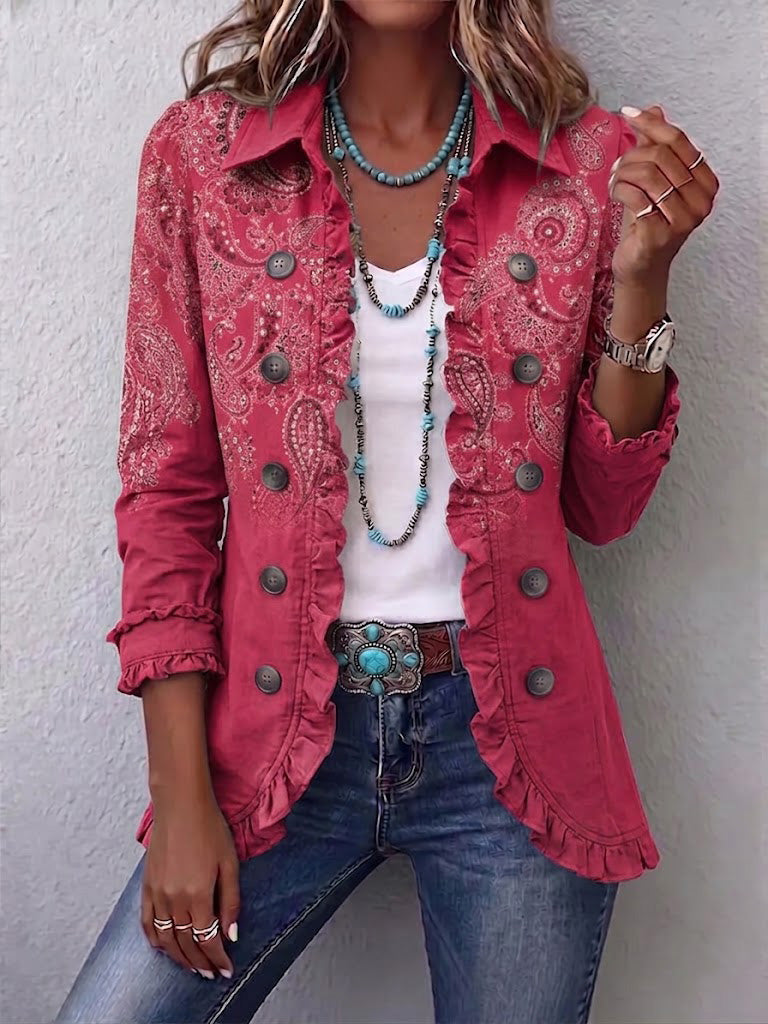 Paisley Print Ruffle Trim Button Front Shirt Jacket