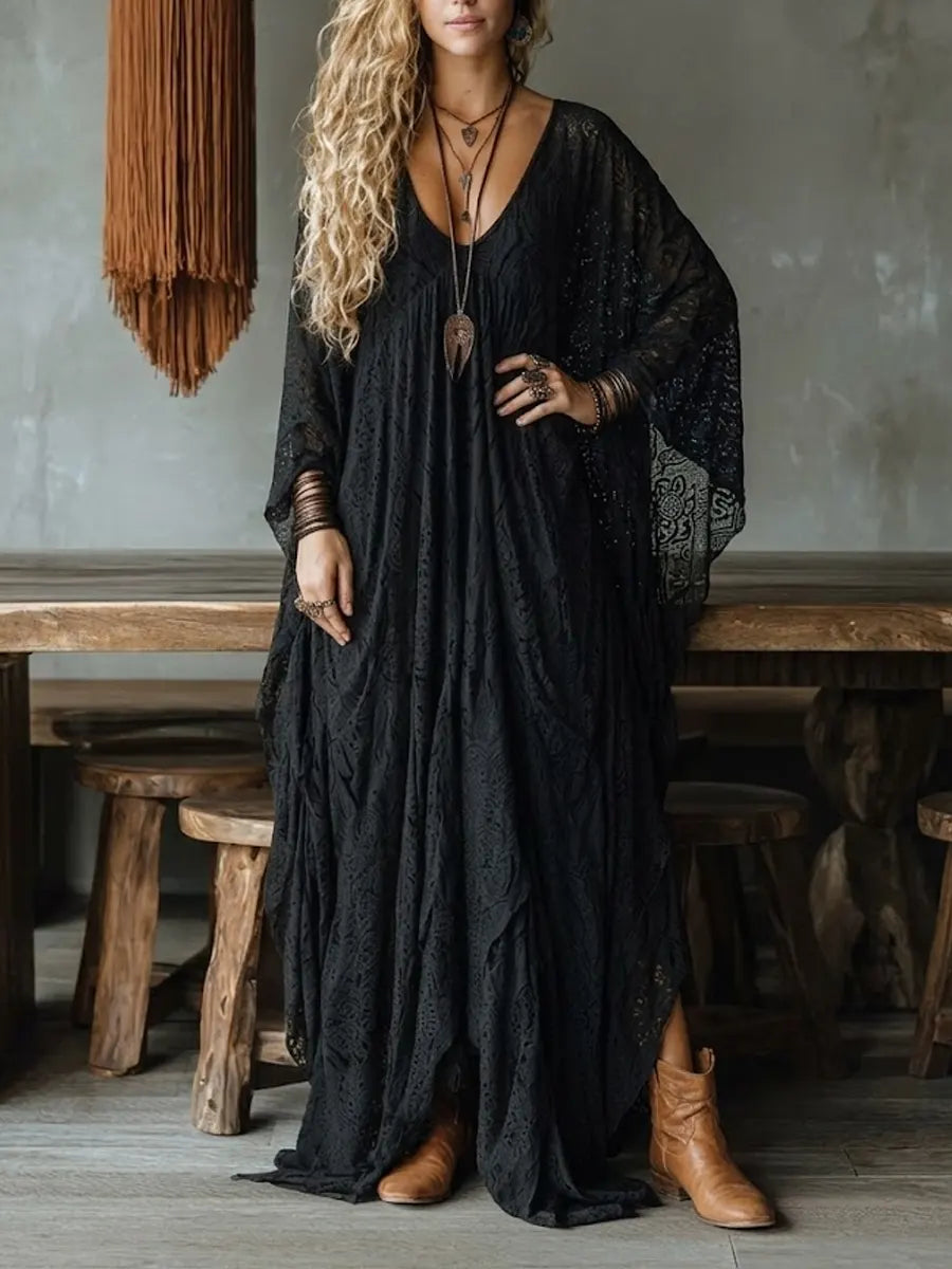 Black Lace V-neck Oversized Bohemian Maxi Dress