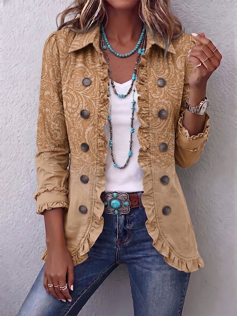 Paisley Print Ruffle Trim Button Front Jacket