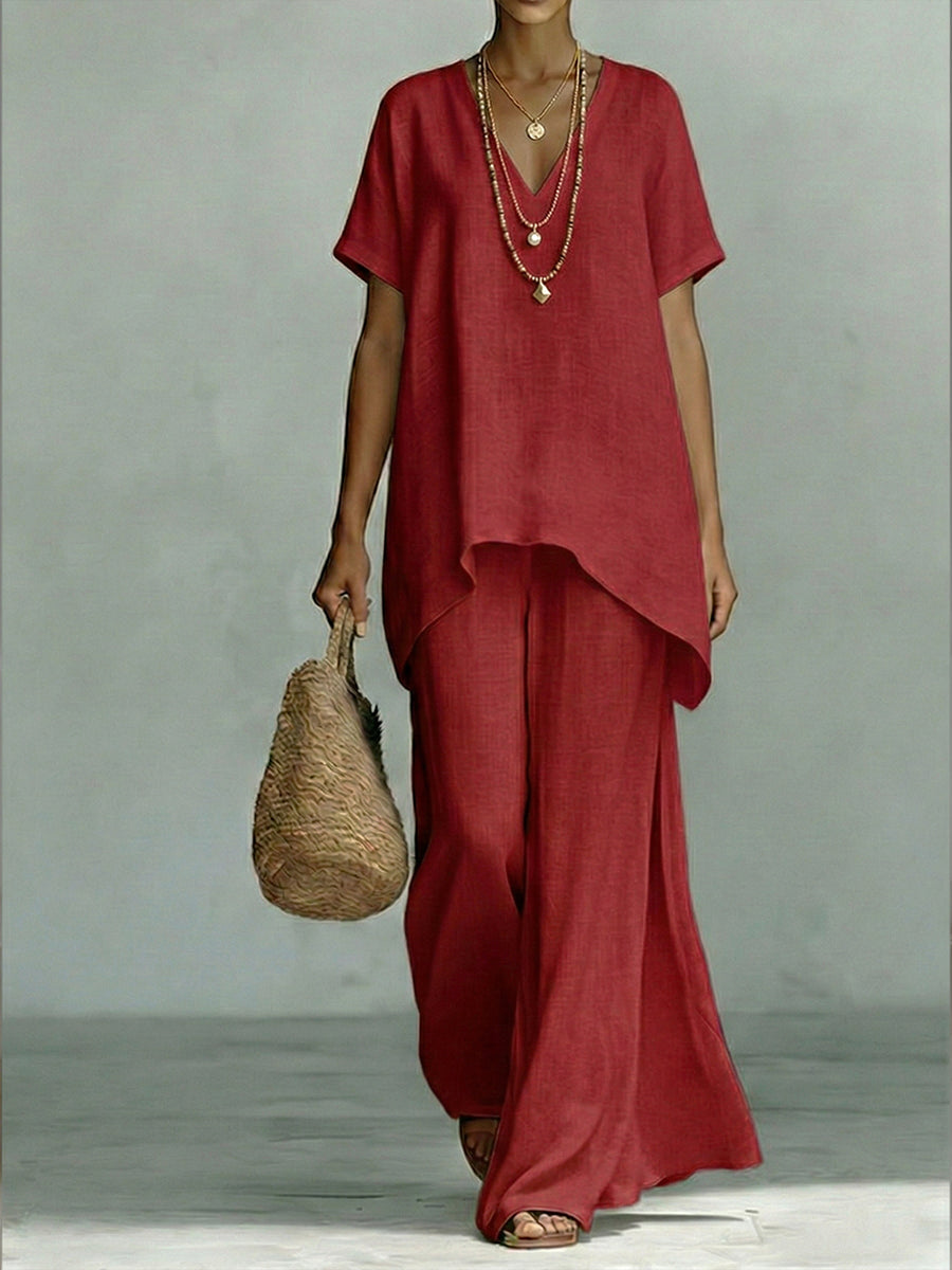 V-Neck Short Sleeve High Low Top and Wide Leg Pants Two Piece Set