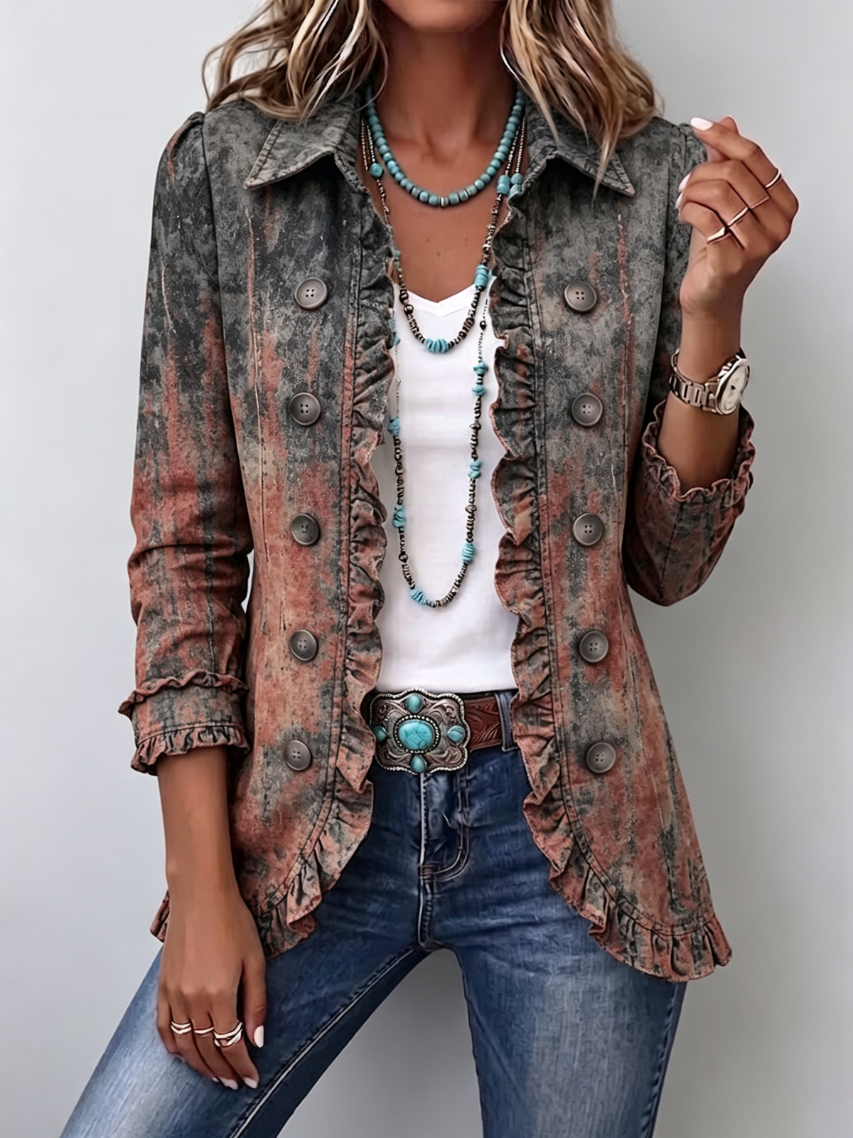 Ruffle Trim Double Breasted Distressed Print Jacket