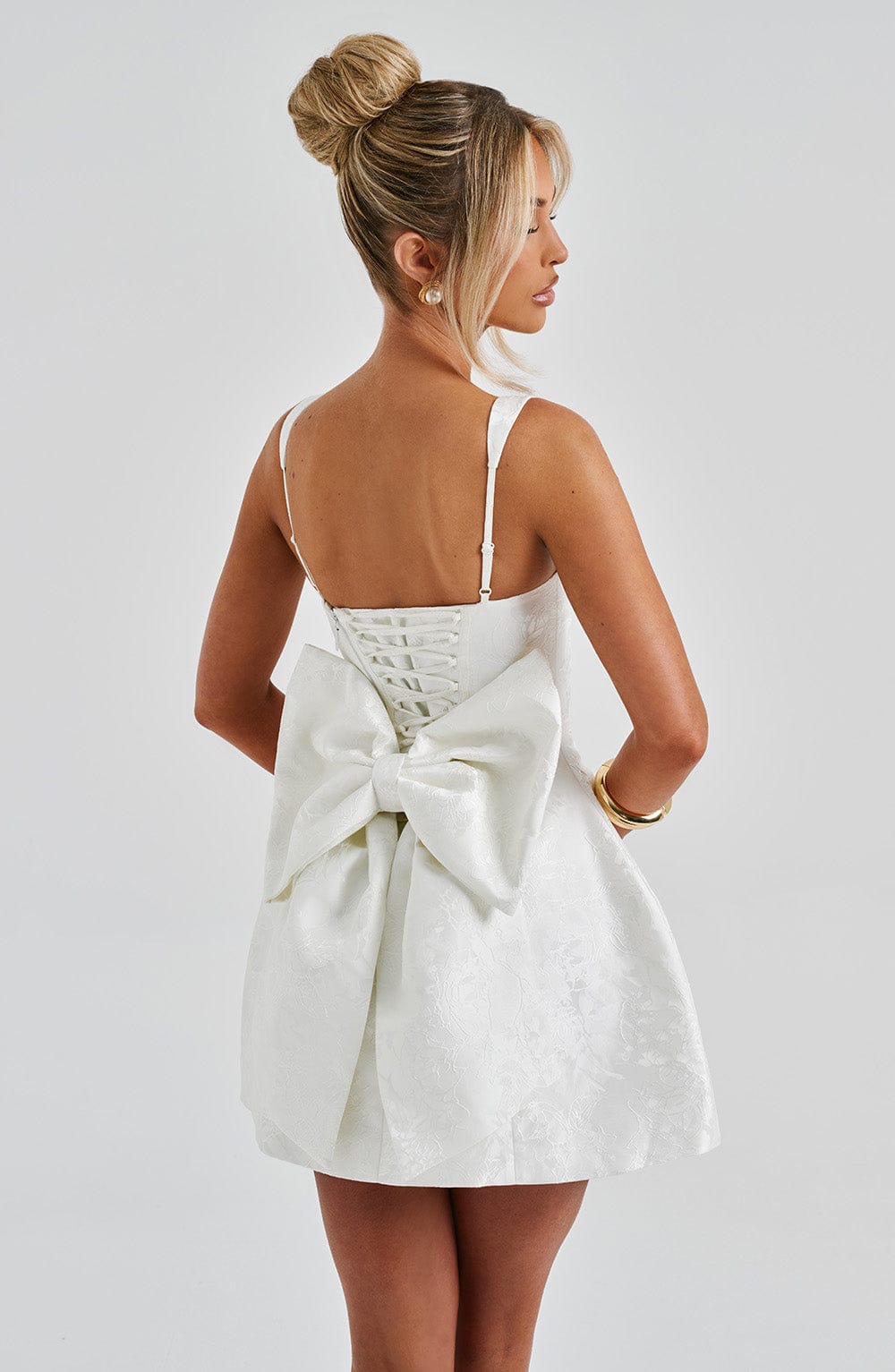 Floral Jacquard Square Neck Sleeveless Bow Back Puffball Mini Dress 7