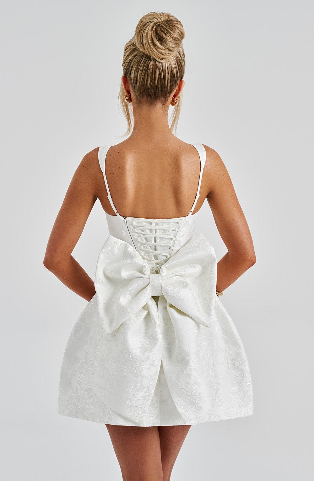 Floral Jacquard Square Neck Sleeveless Bow Back Puffball Mini Dress 6